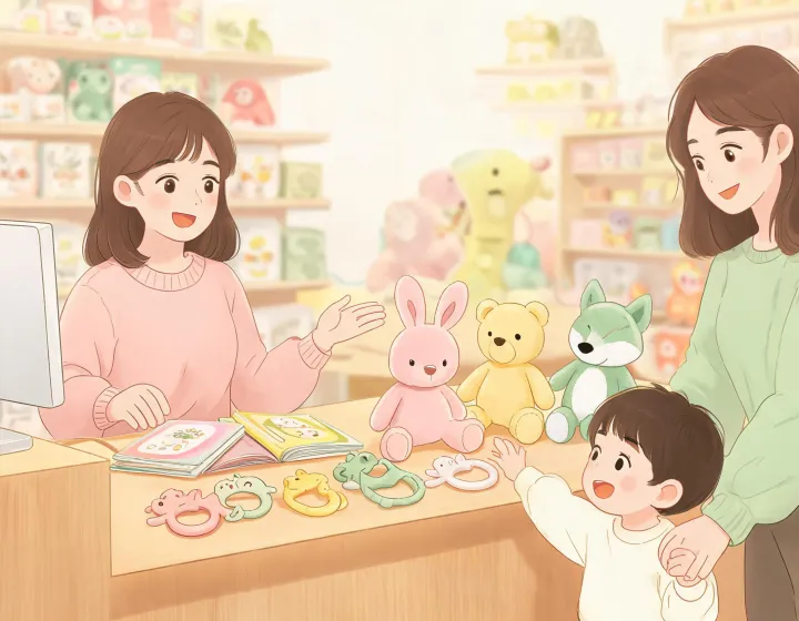 Illustrated parent and child choosing plush toys